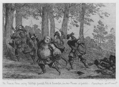 Le Prince et Poins chassant Falstaff, Gadshill, Peto et Bardolph de leur butin à Gadshill - George Cruikshank